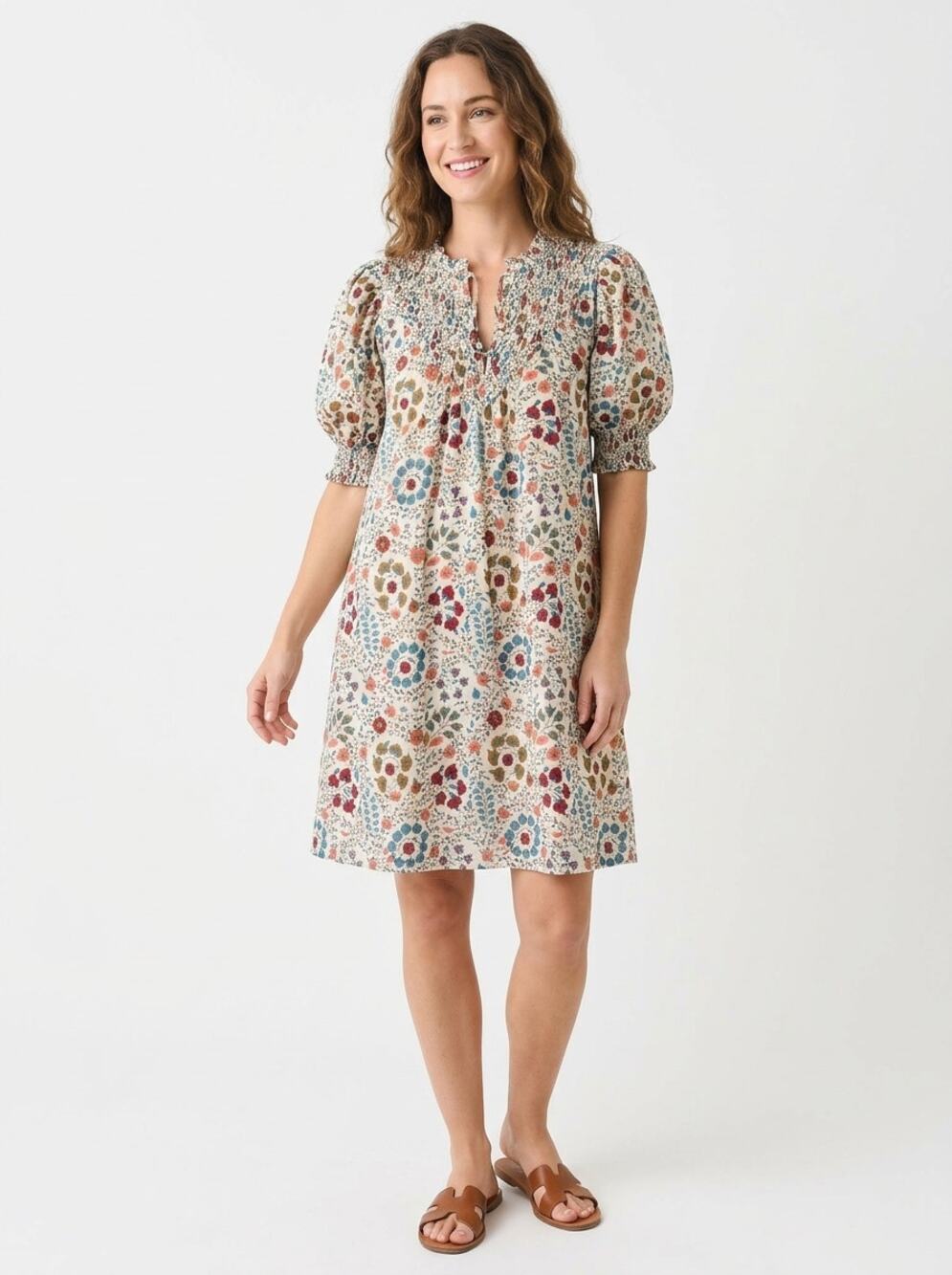 Olivia James Mini Dress Womens L Beige Floral Smocked Puff Sleeve Cotton Boho